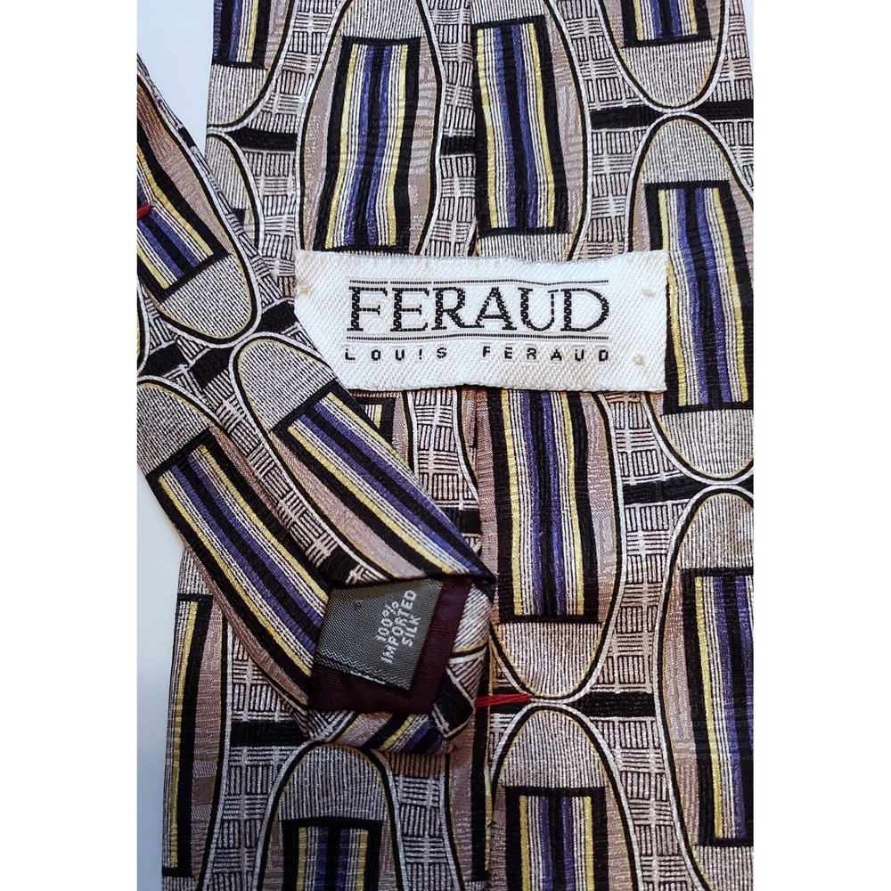 Louis Feraud Men's Necktie 100% Silk Designer Patterned Tie‎ Beige Blue